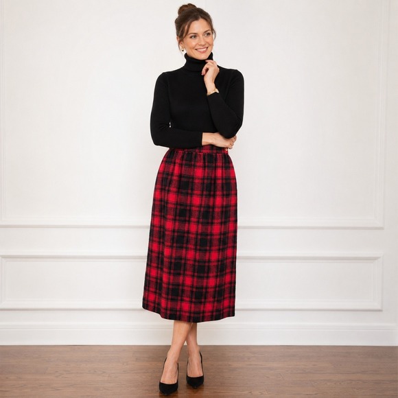 Pendleton Dresses & Skirts - Vintage 70s Pendleton Wool Skirt 10 Red Black Plaid Tartan Midi USA Heritage